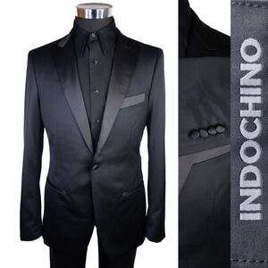 Indochino Black Wool Tuxedo Men 40L One Button Jacket Blazer Solid Black Vented